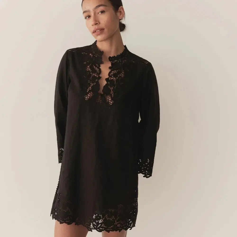 NWT Doen Roselie Linen Lace Crochet Collar 3/4 Sleeve Tunic Mini Dress Black - Picture 3 of 16